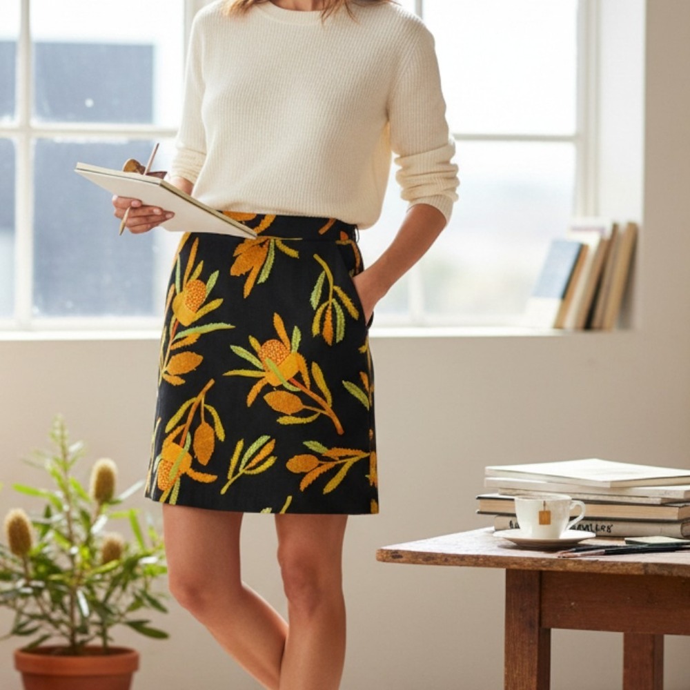 Princess Highway Skirt Womens AU 6/ US 2 Black Banksia Floral Pocket Linen Blend